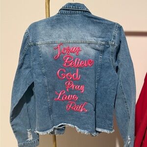 Denim Jacket with Pink Script Faith Embroidery